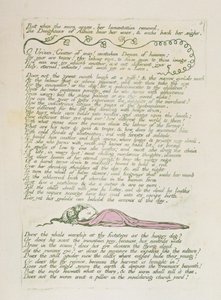“但是，当早晨出现......”时，从“阿尔比恩的女儿的视觉”（1793年）中获得第8块板（用绿色印刷的浮雕蚀刻） 作者 威廉·布雷克